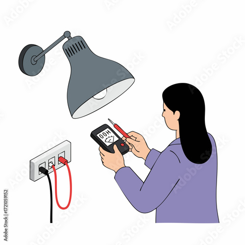 Flat Style Detailed Woman Checking Electricity Outlet Using Multimeter Illustration