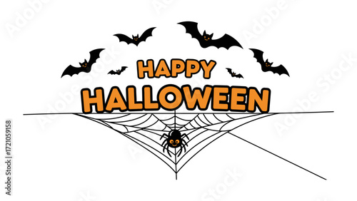 Spooky Halloween Celebration: A captivating scene of bats, a spiderweb, and a solitary spider, all under the words HAPPY HALLOWEEN, evokes the festive spirit of the holiday.