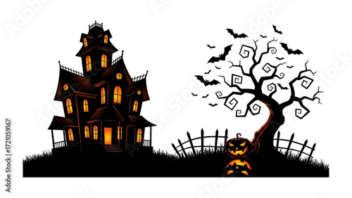 Spooky Halloween Scene: A chilling and evocative scene, with an imposing haunted house, a gnarled tree filled with bats, and a grinning jack-o'-lantern, all casting eerie shadows.