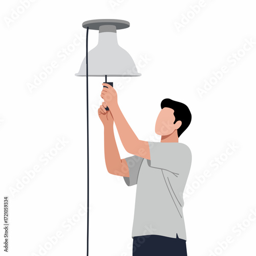 Flat Illustration of a Man Changing Lightbulb in a Ceiling Lamp