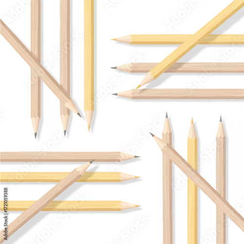 Overhead view of assorted yellow pencils scattered across a clean white background with soft shadows.