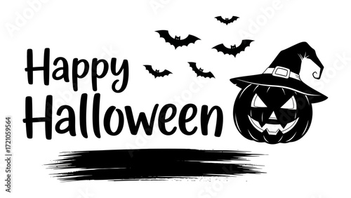 Spooktacular Halloween: A festive Halloween greeting featuring a carved pumpkin wearing a witch hat and surrounded by flying bats, creating a playful, spooky atmosphere.