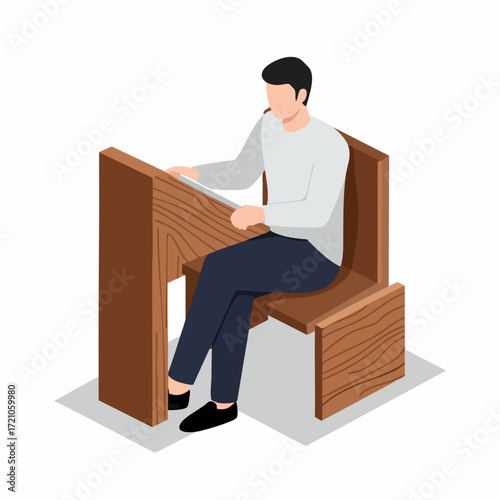 Isometric Person Sitting in Wooden Confessional Booth Illustration