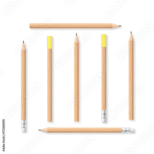 A flat lay of seven wooden pencils with yellow eraser tips arranged in a square shape on a plain white background.