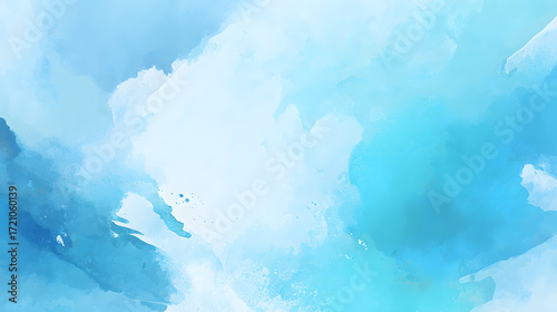 An abstract creative background with a large central white area perfect for highlighting content. The surrounding corners bloom with soft blue watercolor textures, imitating handmade pigment washes.