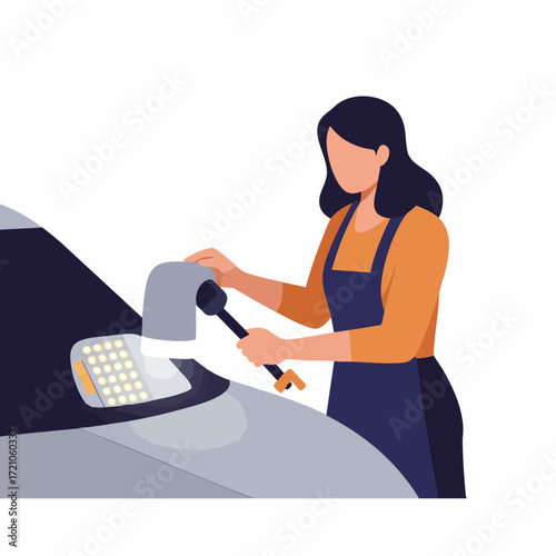 Flat Style Woman Cleaning Car Windshield with Sponge Illustration