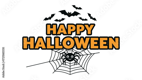 Spooky Season Greeting: A festive Halloween design features a playful spider web and bats flying, spreading joyful greetings for the celebration.