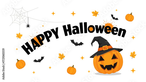 Happy Halloween Banner: A festive Halloween banner, featuring an grinning pumpkin wearing a witch's hat and surrounded by bats, spiders, cobwebs and pumpkins, capturing the essence of spooky season.