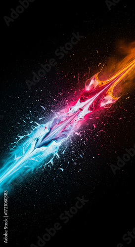 Vivid abstract splash of blue and orange paint colliding on black background, creating dynamic energy and motion with vibrant color contrast and artistic explosion effect
