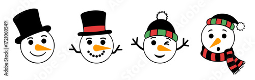 Cute snowman faces collection. Snowman heads. Happy Snowman.
