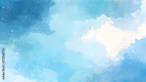 An abstract watercolor-inspired background with white space dominating the center, surrounded by softly diffused blue tones in the corners. The paint textures mimic brush strokes on handmade paper,