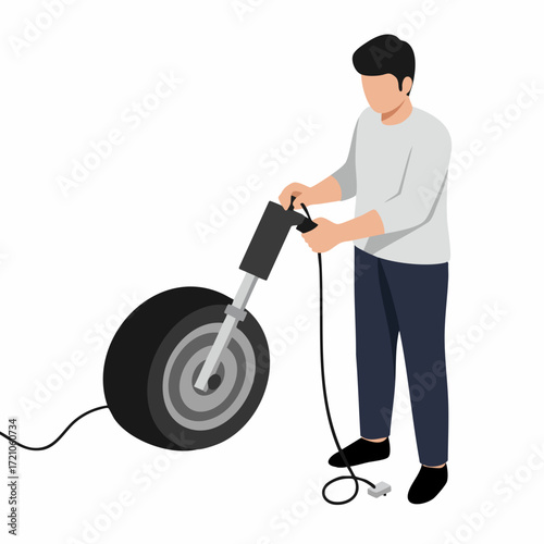 Isometric Man Charging Electric Unicycle with Charger Cable Illustration