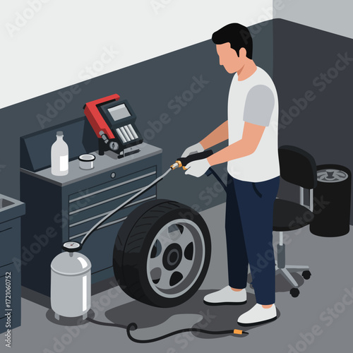 Isometric Detailed Tire Cleaning Service Illustration for Car Maintenance Process