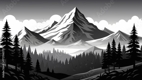 Black and white mountain landscape with pine trees silhouettes vector art, serene peaks, minimalist horizon, elegant contrast, capturing timeless wilderness and nature’s beauty in a clean, bold graphi