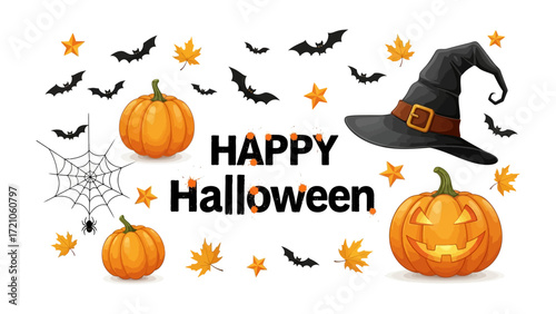 Halloween Celebration: A festive composition featuring the quintessential elements of Halloween: grinning pumpkins, bats, a witch's hat, spider web, and autumn leaves.