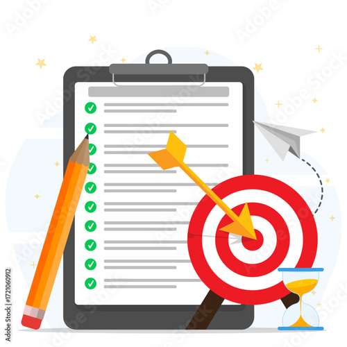Illustration of checklist on clipboard, pencil, dart hitting target, hourglass, and paper plane symbolizing planning, goals, productivity, and time management concept.
