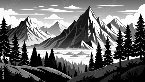 Black and white mountain landscape with pine trees silhouettes vector art, serene peaks, minimalist horizon, elegant contrast, capturing timeless wilderness and nature’s beauty in a clean, bold graphi