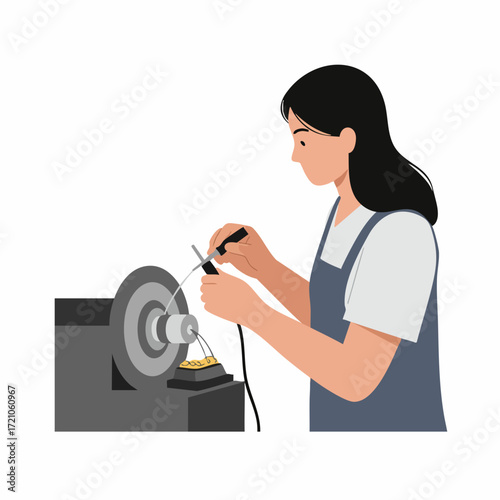 Flat Illustration of a Woman Jeweler Working on a Grinding Wheel