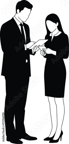 lhouette of business man and woman exchanging documents, professional people communication, corporate teamwork concept, formal attire office workers, business meeting vector illustration