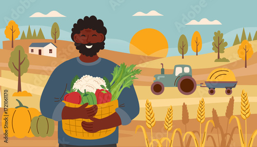Thanksgiving and harvest festival banner. Autumn, harvest and Thanksgiving concept. Man with basket of vegetables in the background of the field. Vector flat template.