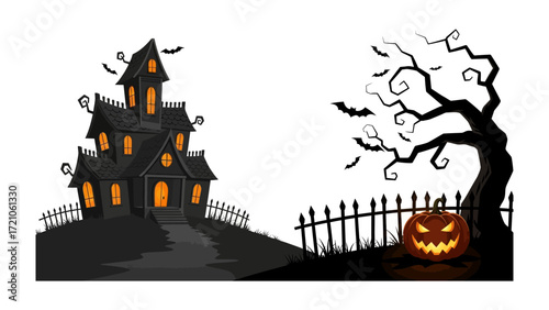 Spooky Halloween Scene: A shadowy haunted house and gnarled tree create a chilling Halloween scene, complete with jack-o'-lanterns and bats against a pale atmosphere.