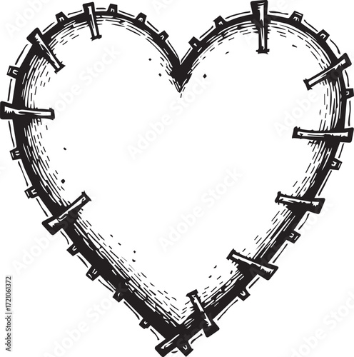 Torn Heart: A symbolic illustration showcases a heart-shaped outline, artistically segmented and rejoined with stark, hand-drawn staples, symbolizing resilience and mending. 