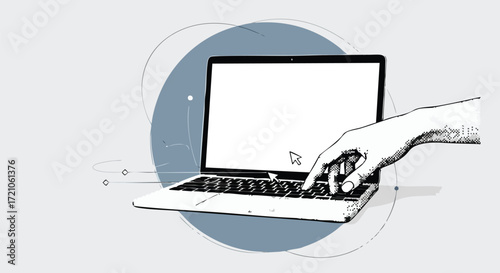 A sketched illustration of a hand typing on a modern laptop computer with a blank screen and an abstract background.