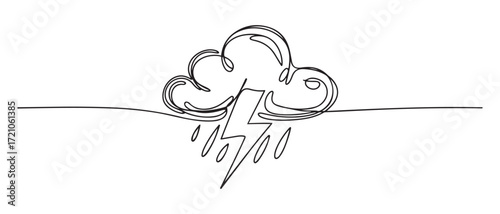 Continuous one line editable drawing of thundercloud and lightning, Single continuous line art rainy stormy cloud. one line Icon drawing with white background