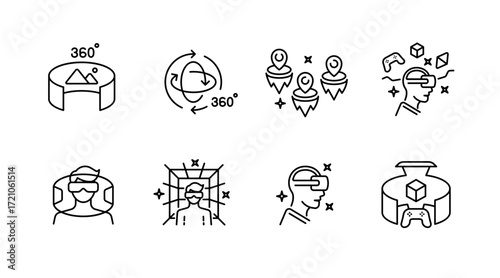 Virtual reality line icons set – linear, outline, augmented reality graphics