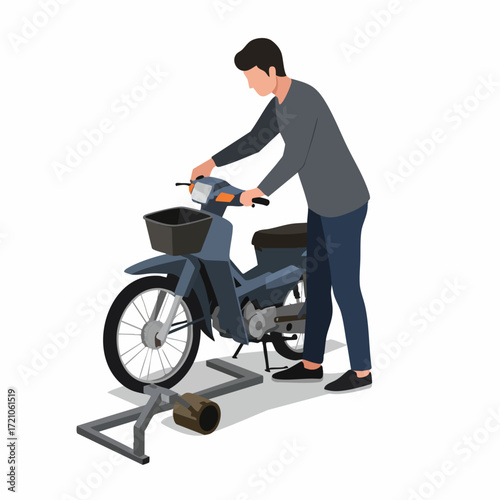 Flat Illustration of Man Repairing Motorcycle Transportation Vehicle Machine