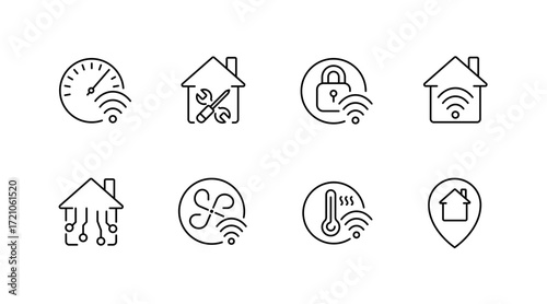 Smart home outline icons set – automation, security, and energy symbols