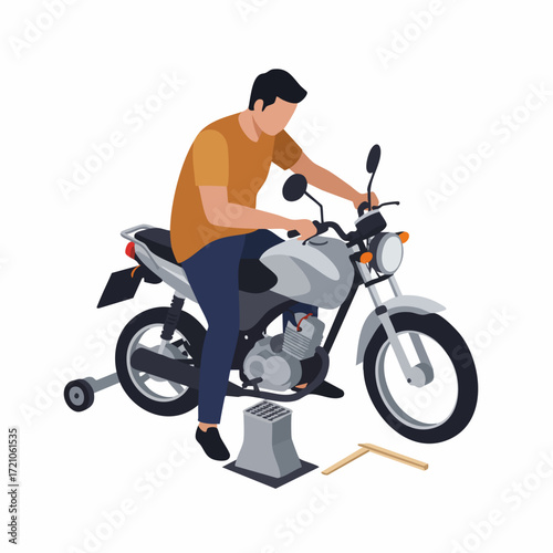 Flat Illustration of a Young Man Repairing a Motorcycle on White Background