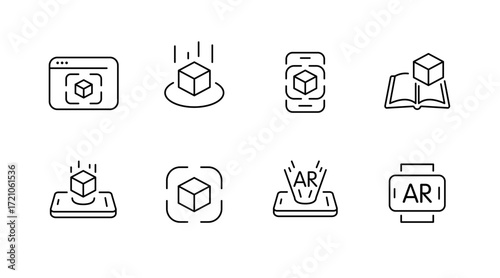 Augmented reality outline icons set – linear, ar, tech symbols for innovation