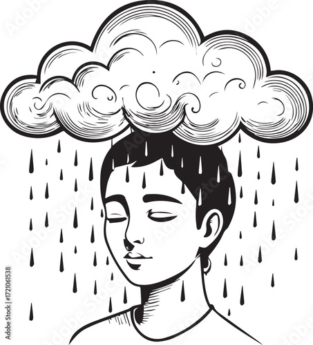 Stormy Mind: An illustration depicting a person with a cloud raining down on their head, a visual metaphor for emotional distress. 