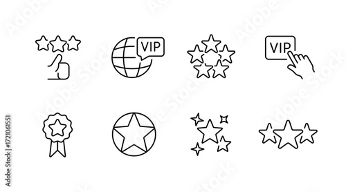Vip and ratings outline icons set – linear, star, premium and exclusive symbols