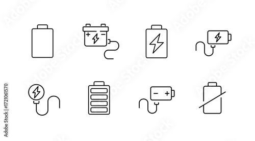 Battery and power line icons set – outline, energy, charging symbols