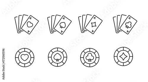 Casino and gaming line icons set – outline, gambling, poker symbols