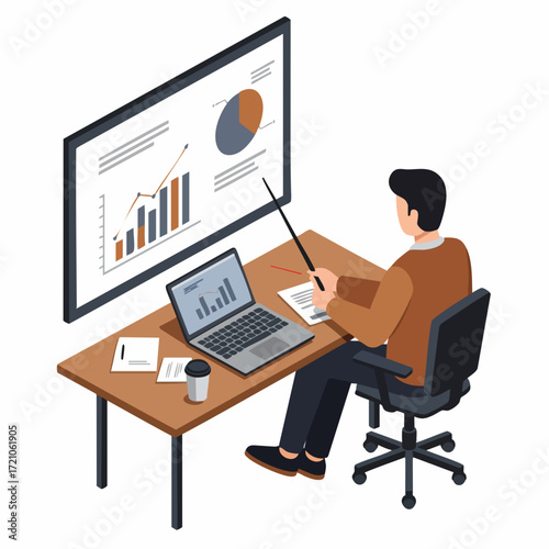 Isometric Businessman Presentation on Screen with Statistic Data at Workplace