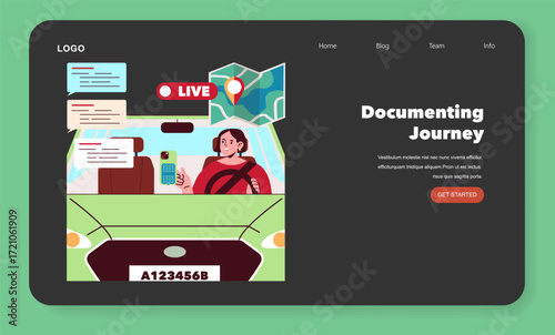 Woman Live Streaming Her Journey in Car Illustration