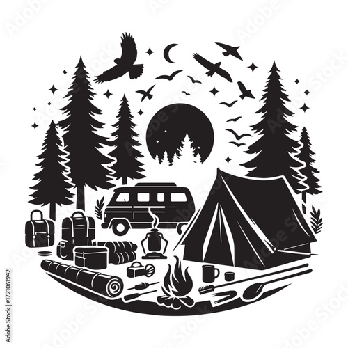 Camping scene with a van, tent, campfire, and various camping equipment under a moonlit sky van life