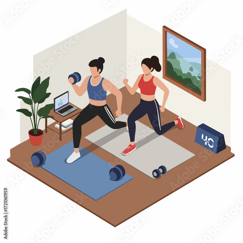 Isometric Illustration Women Training Together with Dumbbells Home Sport Lifestyle