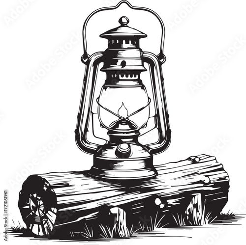 Old Lantern on Log: A classic lantern rests upon a weathered log, its flame casting a warm, inviting glow, creating a sense of nostalgia and simplicity.