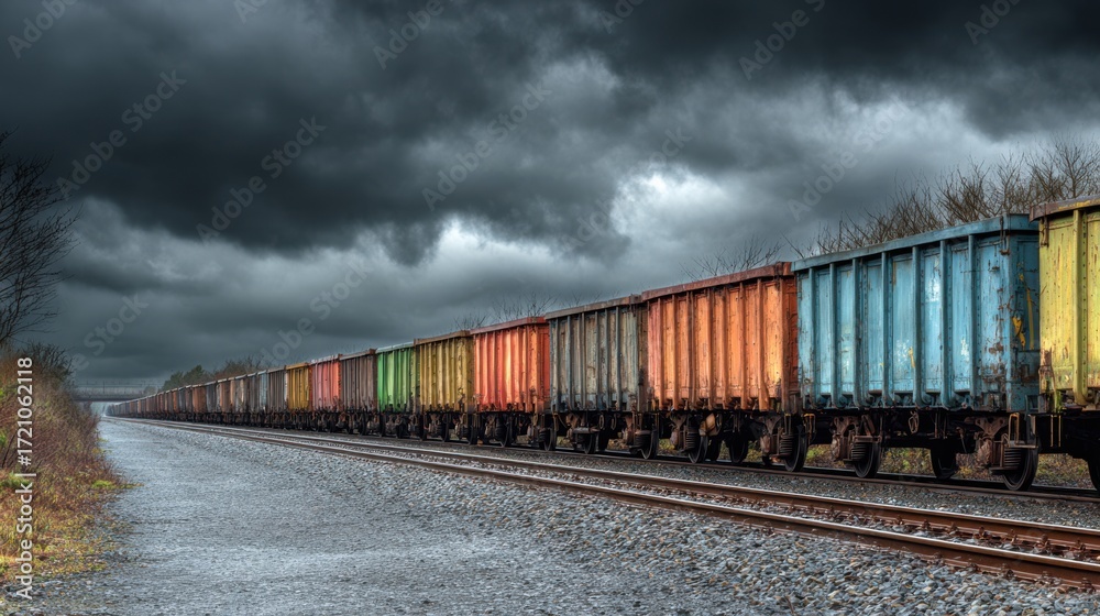 Fototapeta premium Colorful Freight Train Cars on Track Under Dark Stormy Sky with Dramatic Clouds and Moody Atmosphere in Landscape Format