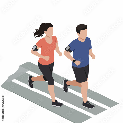 Isometric Couple Running on Road, Healthy Lifestyle and Fitness Concept Illustration