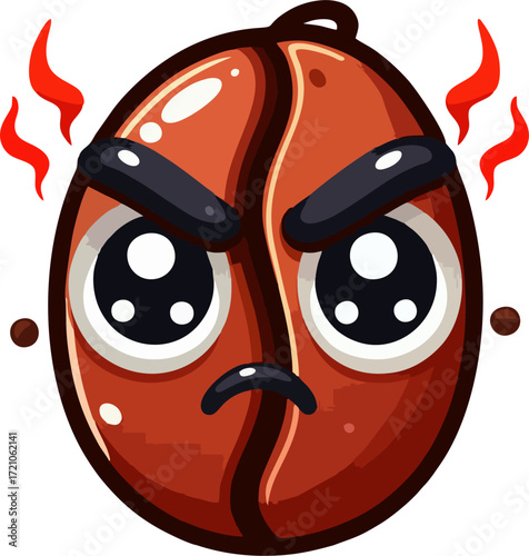 Furious Coffee Bean Kawaii Cartoon Vector – Adorable Angry Mascot with Bold Eyebrows and Steam