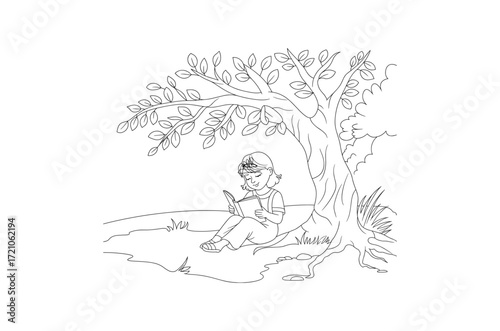 Reading Under the Tree A Serene Black and White Line Art Illustration