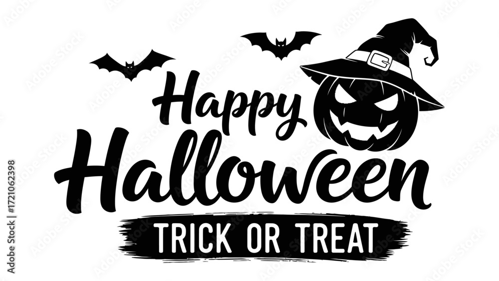 Fototapeta premium Halloween Trick or Treat Typography: A spooky illustration for Halloween that creates a festive mood. Spooky bats dance above Happy Halloween, complemented by an enchanting carved pumpkin.