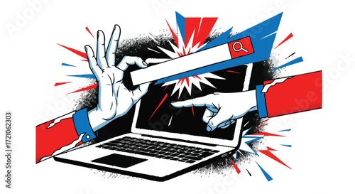 Conceptual illustration of two hands fighting over a search bar emerging from a laptop screen.