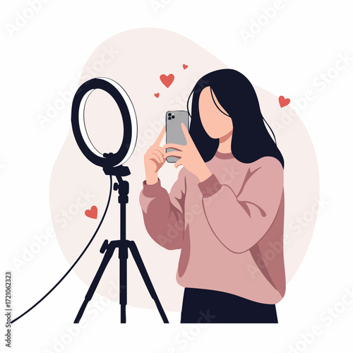 Flat Illustration of Faceless Woman Taking Selfie With Ring Light Setup