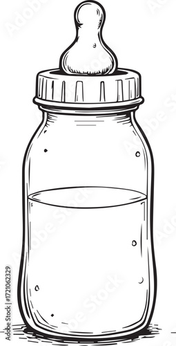 Nourishment Vessel: A finely-detailed illustration of a baby bottle, filled with nourishing liquid, symbolizes early care and sustenance. 